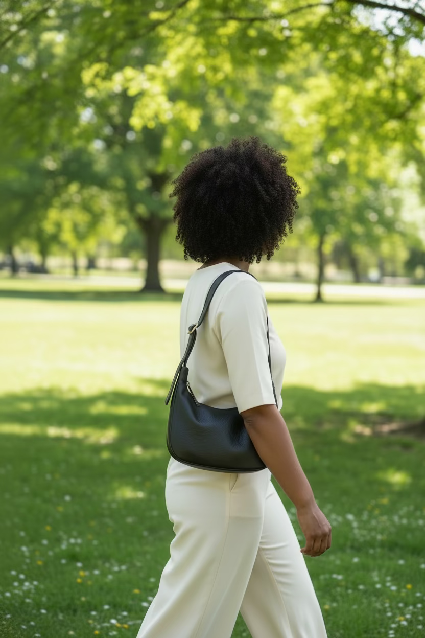 Lady with a black leather bag over right shoulder