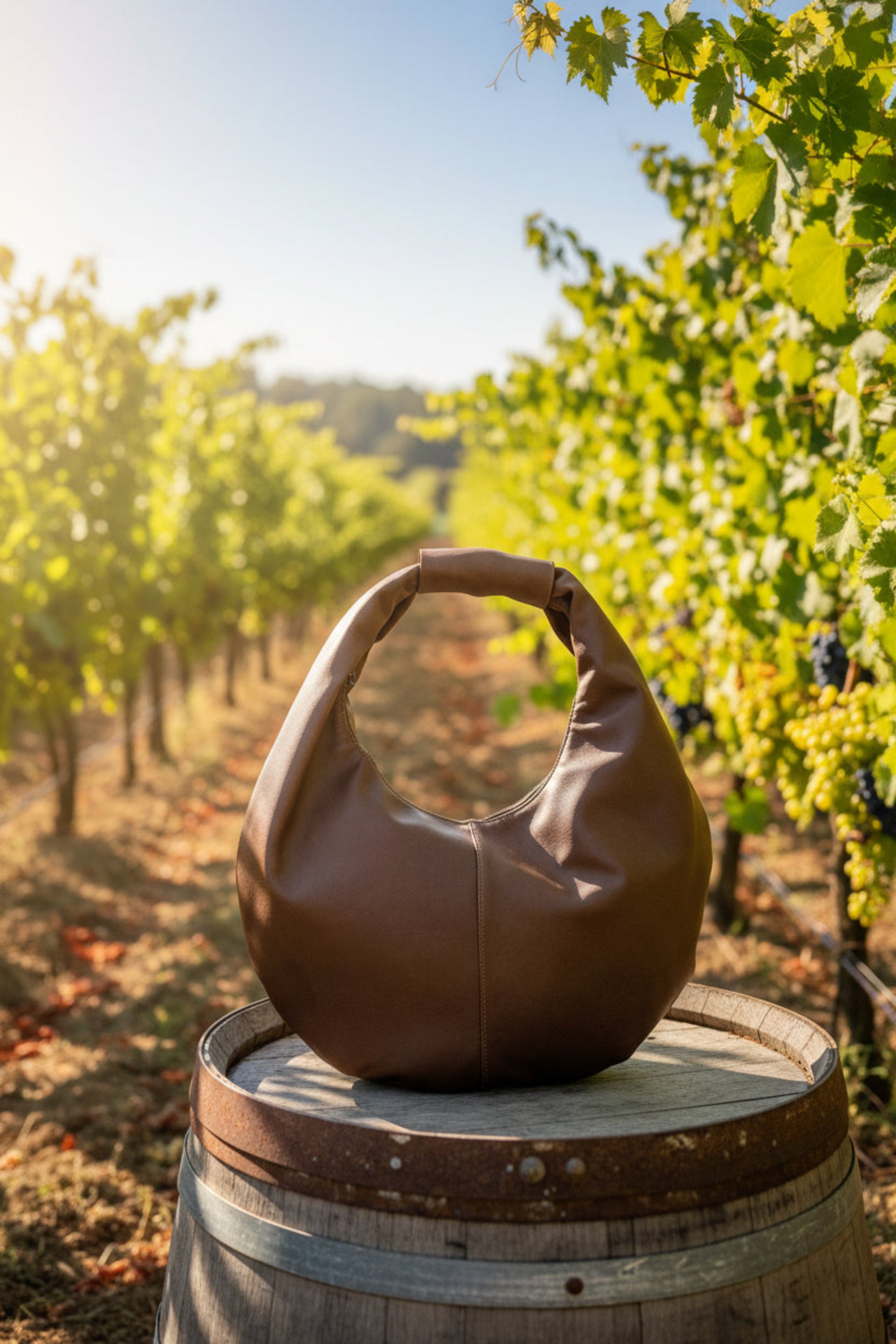 Brown shoulder bag placed on a barrel in a vineyard