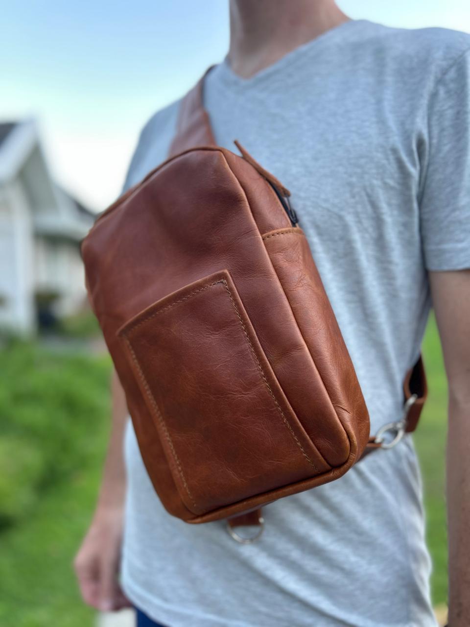The Max Sling in toffee leather